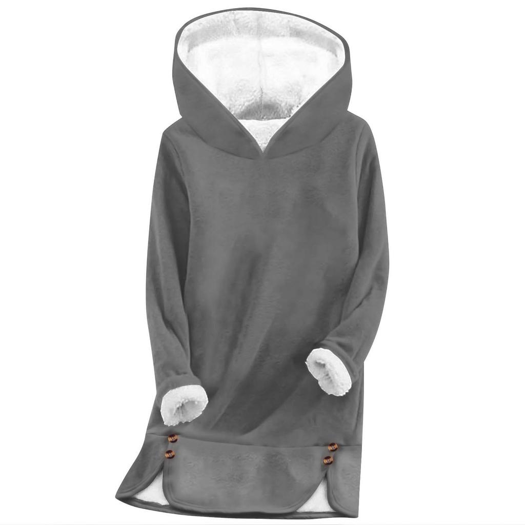 Women's Fashionable Solid Color Hooded Long Sleeved Plush Versatile Warm Bottom Shirt Top