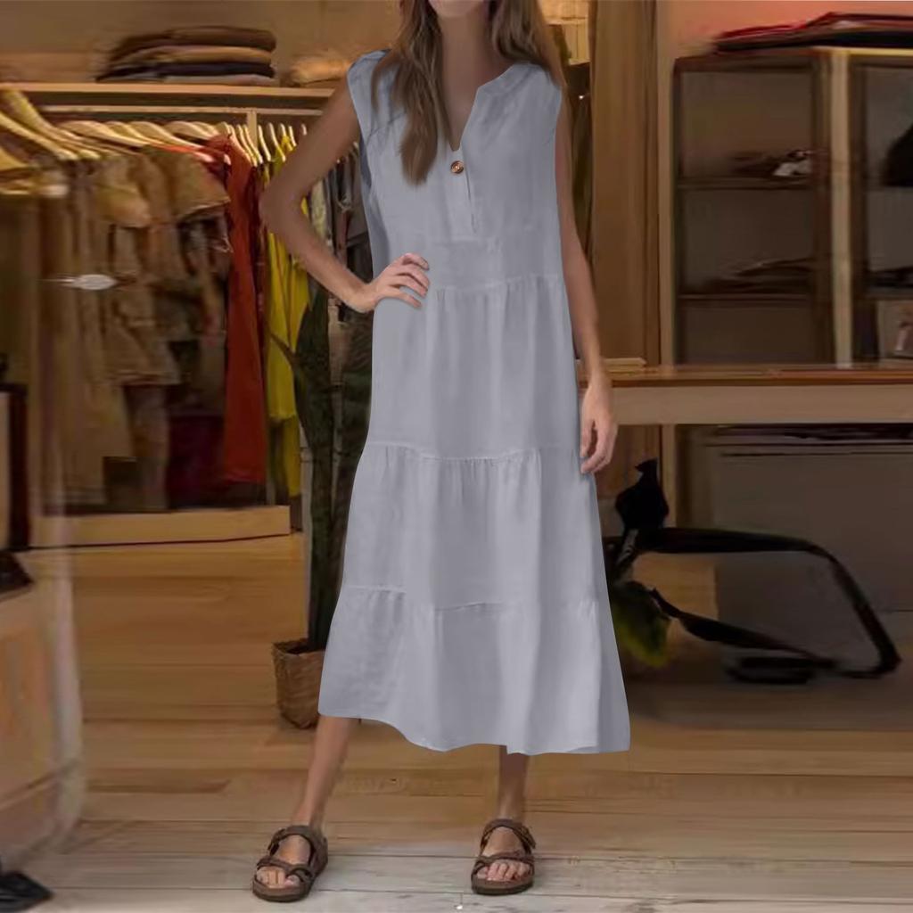 Женская мода без рукавов плиссированное хлопковое льняное платье-жилет на пуговицах