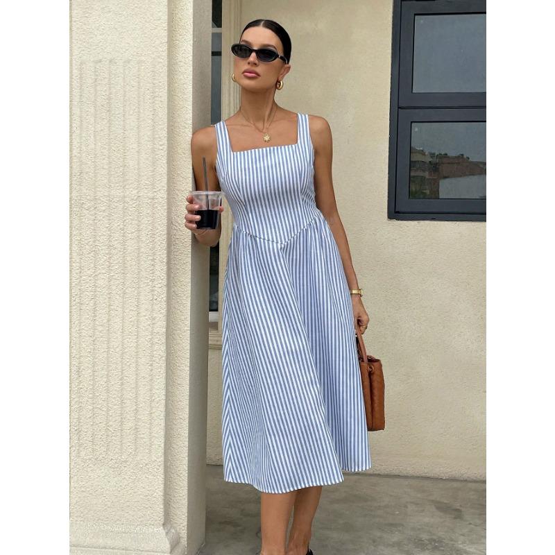 Women Casual Fashion Square Neck Sleeveless Color Block Striped High Waist Long Dress