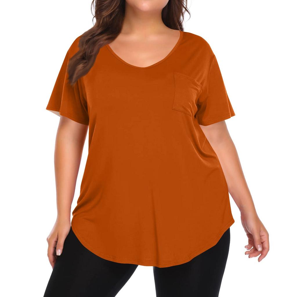 Women's Solid Color Large Size V-neck Top Loose Pocket T-shirt