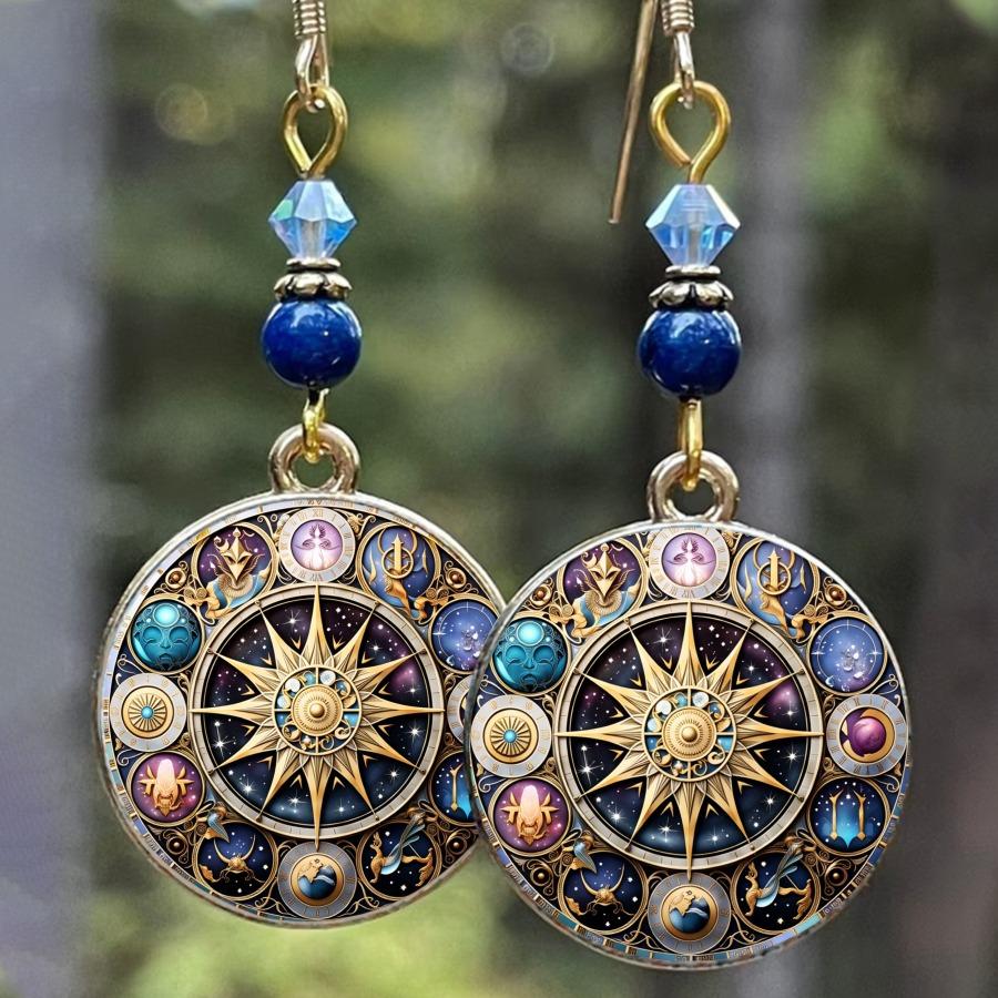 Twelve Constellations Astrolabe Sun Compass Retro Mystical Style Earrings