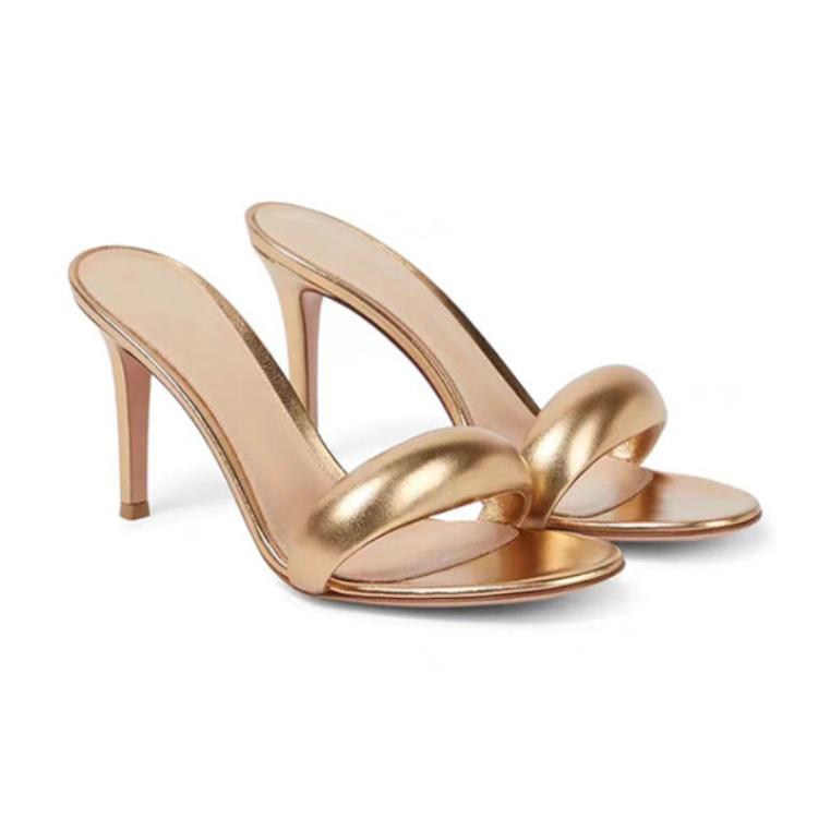 Дизайн модного бренда Простые однотонные женские тапочки 2024 Лето Новые Высокий каблук Черный Золотой Круглый носок Женские сандалии Размер 34-46