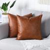 Scratch-Resistant Cognac Brown Faux Leather Lumbar Throw Pillow Cover