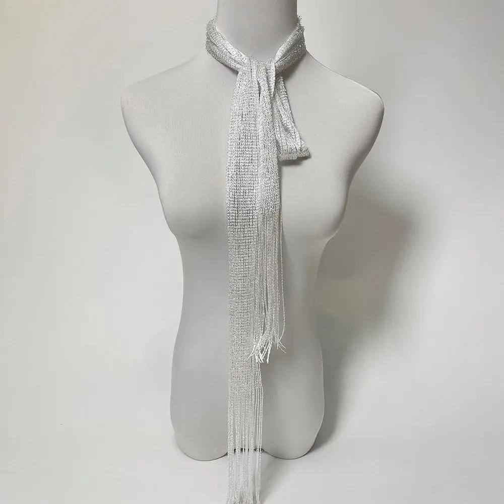 Модный кружевной шарф с кисточками, тонкий, длинный, блестящий, яркий, шелковый, солнцезащитный платок, блестящее кружевное ожерелье для женщин, шарф для вечернего платья