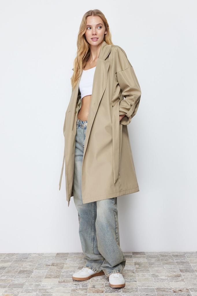 Women's Fashion Light Khaki Oversize Belted Water Repellent Long Trench Coat