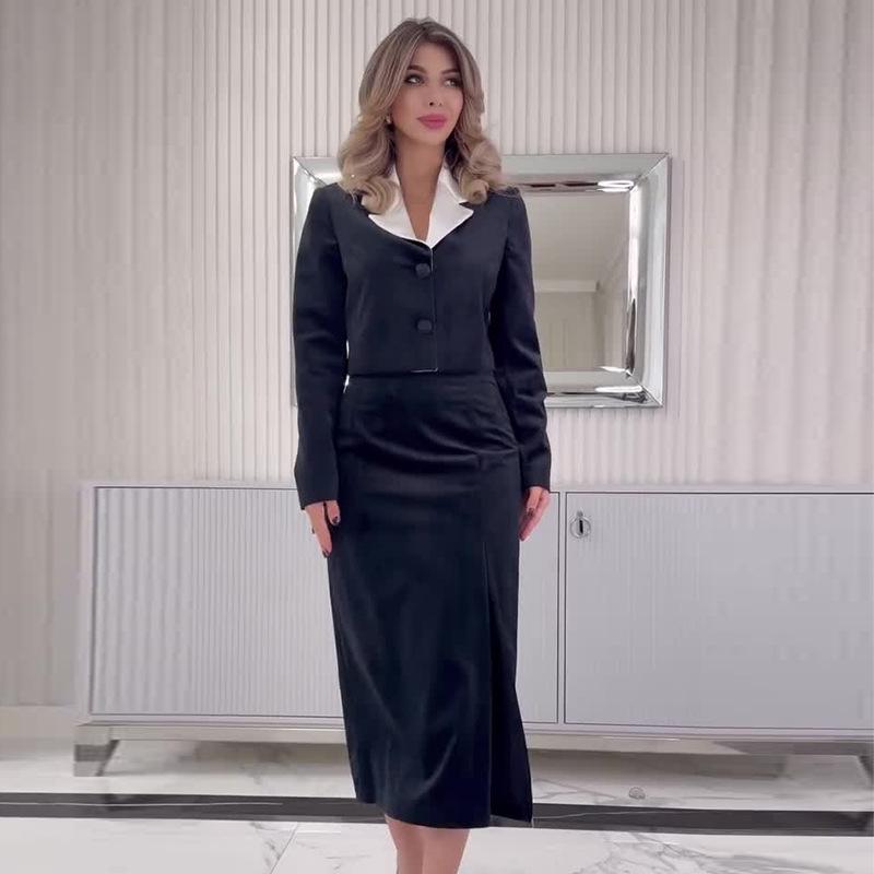 Женский костюм с цветными блоками, отложным воротником, приталенного кроя и юбка-карандаш, осень 2024