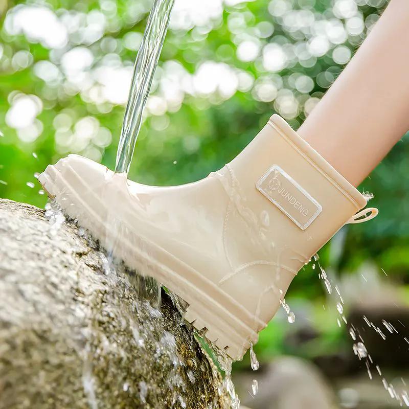 WTEMPO Solid Color Large Size Rain Boots Low Thick Heel Anti Slip Casual Work Shoes for Women's In Spring Summer
