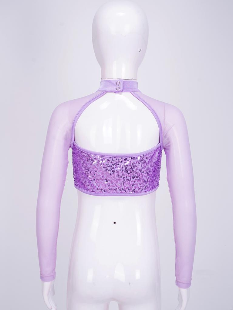 Укороченный топ для танцев для девочек с длинным рукавом, круглым воротом, вырезом на спине, украшенный блестящими пайетками