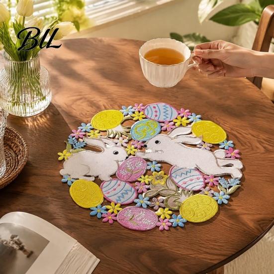 Cartoon Bunny Desktop Decor Easter Rabbit Egg Placemat, Polyester Fiber Decorative Table Mat, Non Cute Linens for Children Slip Hollow Tableware