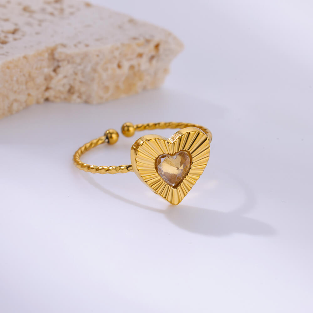 Зеленые кристаллы кольца сердца для женщин открытый регулируемый золотой цвет нержавеющая сталь кольцо модные ювелирные изделия свадебный подарок