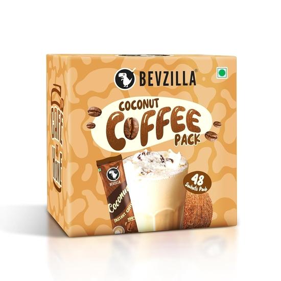Bevzilla 48 пакетиков растворимого кофе (Кокос) - 96 грамм | Хватает на 48 чашек | Кофе Арабика | Легко носить с собой