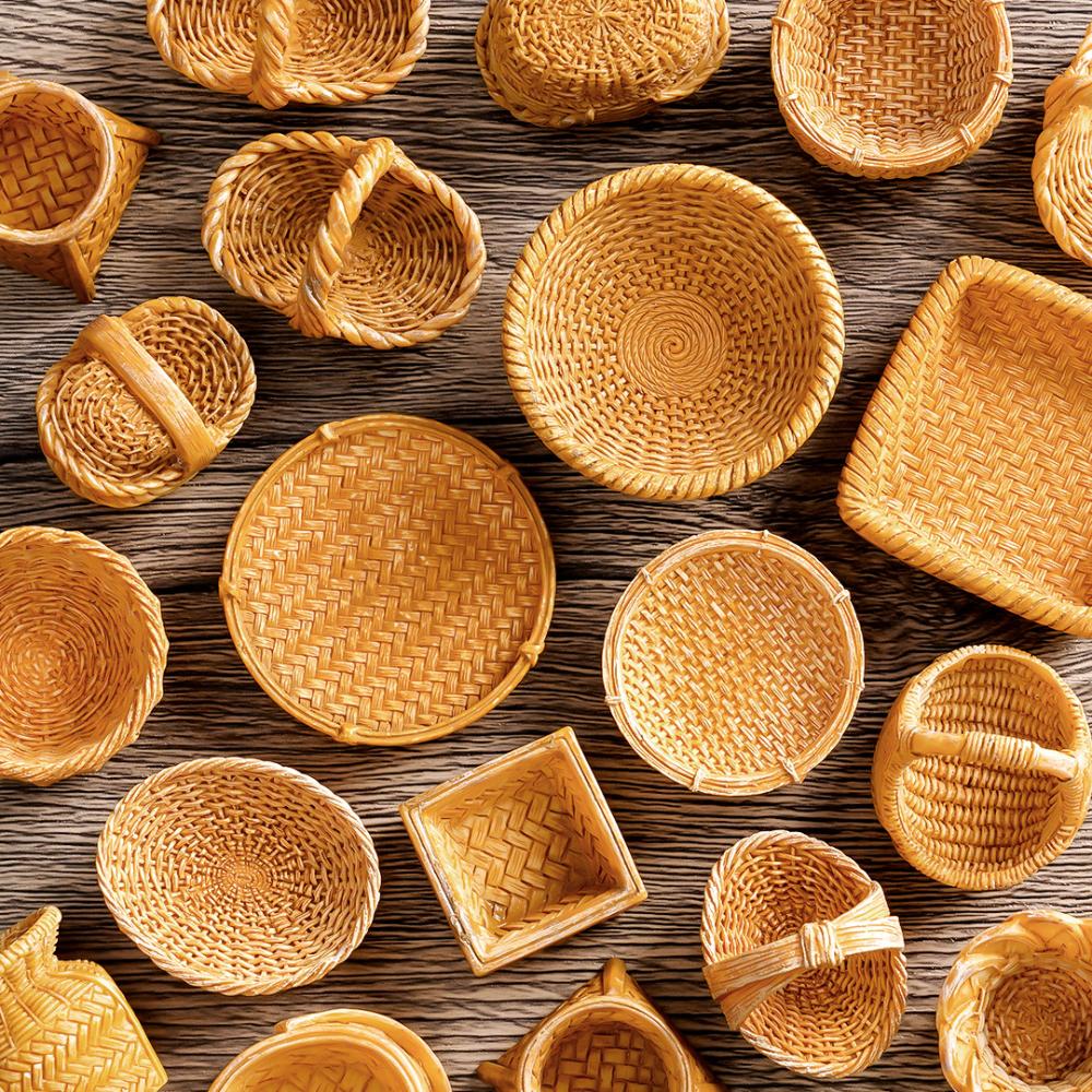 1pc Mini Simulated Rattan Basket Model DIY Creative Dollhouse Dessert Shop Food Vegetable Ornaments Craft Kitchen Decoration