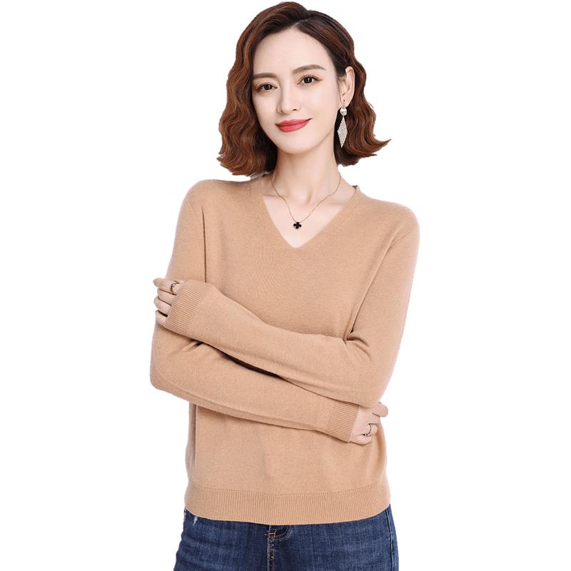 Hengyuanxiang Women's 100% Pure Wool V-neck Loose Sweater