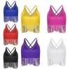 Womens Salsa Dance Crop Top V Neck Sleeveless Crisscross Back Fringe Detail Latin Performance Competition Costume