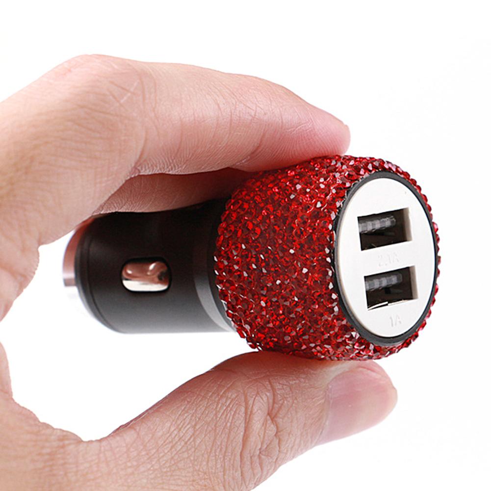 Новое блестящее автомобильное зарядное устройство USB 5 В 2,1 А, двухпортовый быстрый адаптер, розовый автомобильный декор, Стайлинг автомобиля с бриллиантами, автомобильные аксессуары, интерьер для женщин