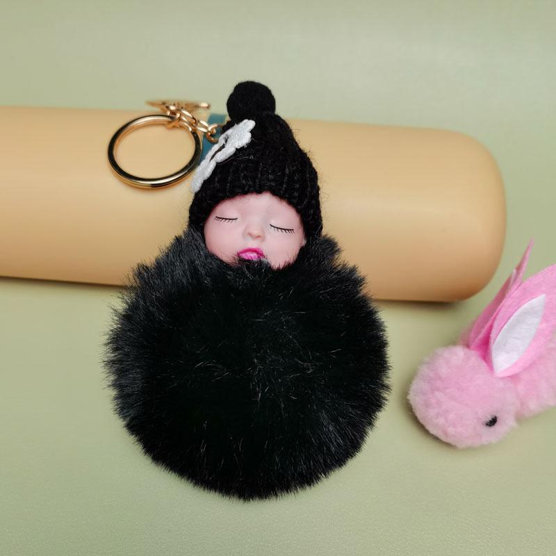 Pompom Sleeping Baby Keychain Cute Fluffy Plush Doll Keychains Women Girl Bag Keyrings Cars Key Ring Jewelry