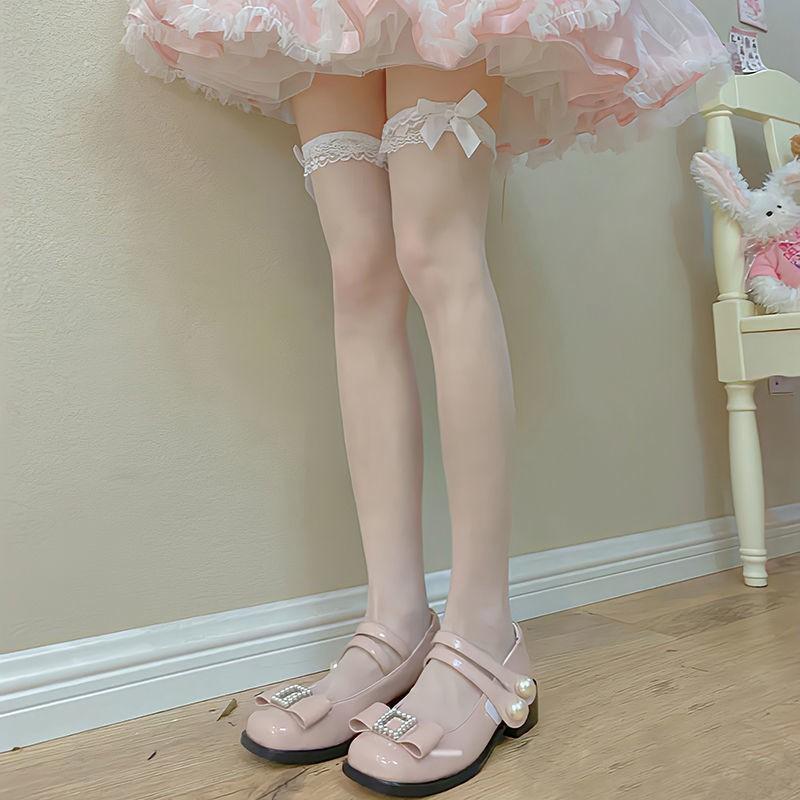Japanese StyleJKMid-Calf Silk Stockings Women's Sweet Lace Calf Socks Summer Thin Bow Lolita Black Silk