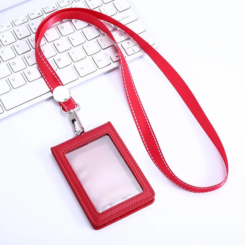 Fashion PU Business Credit Card Id Holders Wallet Case PU Badge Card Holder with Neck Strap Lanyard School Office Supplies