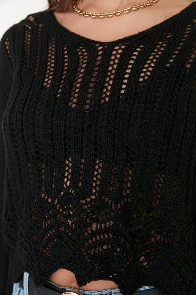 Женский свитер в элегантном стиле, черный вязаный свитер с ажурными отверстиями