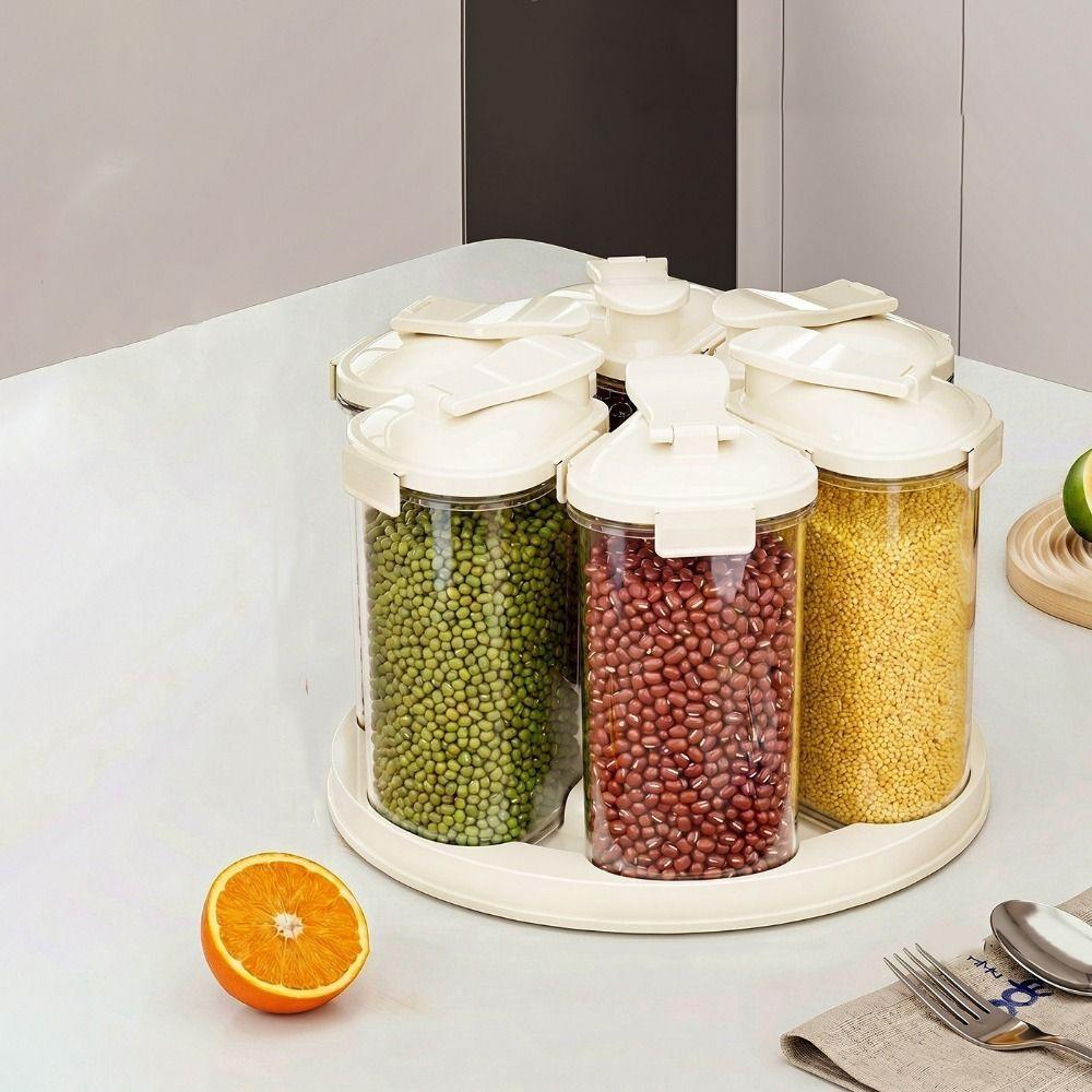 Sealed 6 Grids Grain Storage Box Food Grade Rotating Rice Container Grain Dispenser Kitchen Use