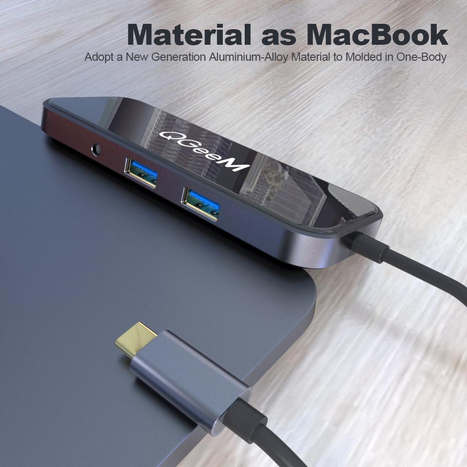 QGeeM 8 портов USB C Hub для Macbook Pro Air Type C Hub 3,0 Адаптер TF SD 3,5 мм PD Aux HDMI Type C Hub для iPad Pro ПК Разветвитель док-станции