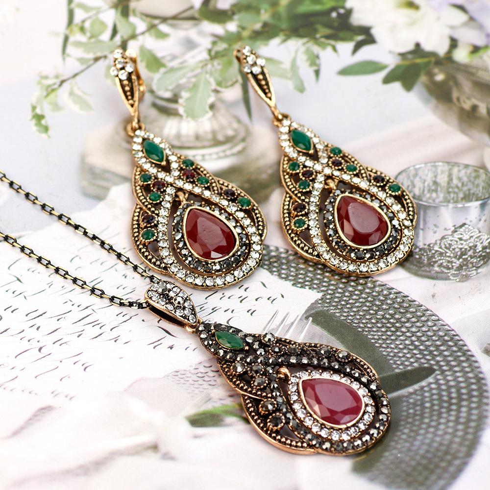 Gold Color Women Long Hook Dangle Earring Water Drop Pendant Necklace Jewelry Sets Antique Resin Ethnic Bijoux