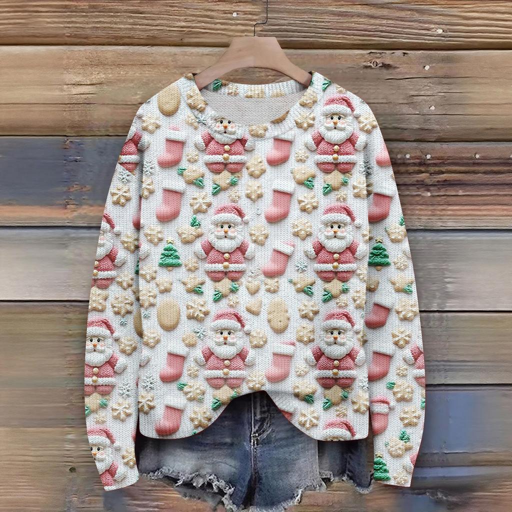 Women's Christmas Print Cardigan Long Sleeve Round Neck Knit Top
