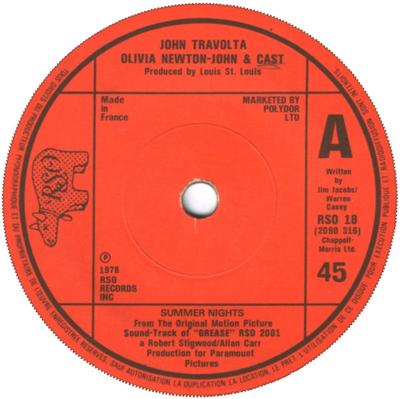 7-дюймовая пластинка JOHN TRAVOLTA OLIVIA NEWTONJOHN Summer Nights RSO18 RSO 1978 UK Rock Б/у