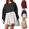 Женское платье Плиссированное платье-свитер с круглым вырезом в стиле пэчворк Свободное платье-свитер с длинными рукавами А-силуэт Большой свободный свитер Мини-платье осень-весна