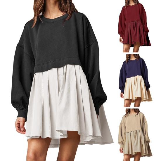 Женское платье Плиссированное платье-свитер с круглым вырезом в стиле пэчворк Свободное платье-свитер с длинными рукавами А-силуэт Большой свободный свитер Мини-платье осень-весна