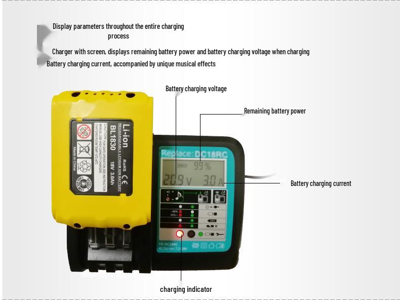 Быстрое зарядное устройство Makita DC18RC 18 В, замена, с ЖК-дисплеем, без USB-порта