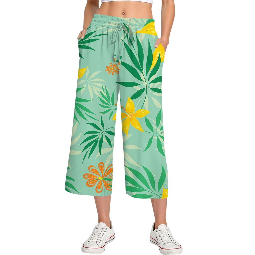 Женские летние повседневные спортивные брюки с высокой талией и принтом, укороченные брюки свободного покроя