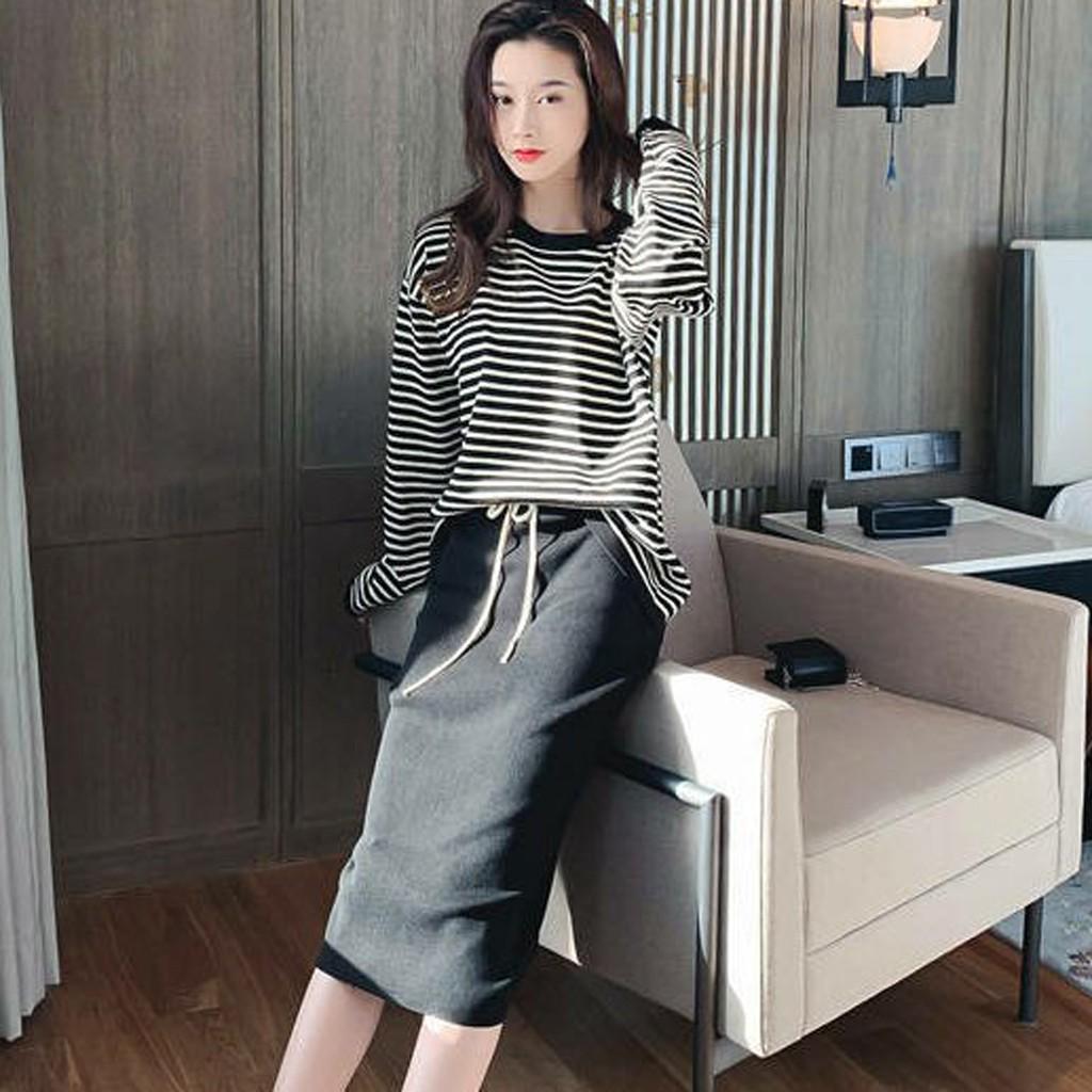 Lady Fashion Women Long Sleeve Split 2 Piece Set Casual Stripe Outfit Skirt