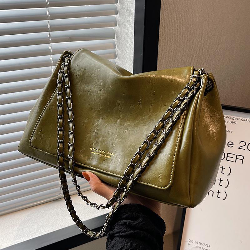 Сумки через плечо из искусственной кожи с цепочкой для женщин, осенне-зимние женские сумки-тоут для поездок на работу, однотонные, большой емкости