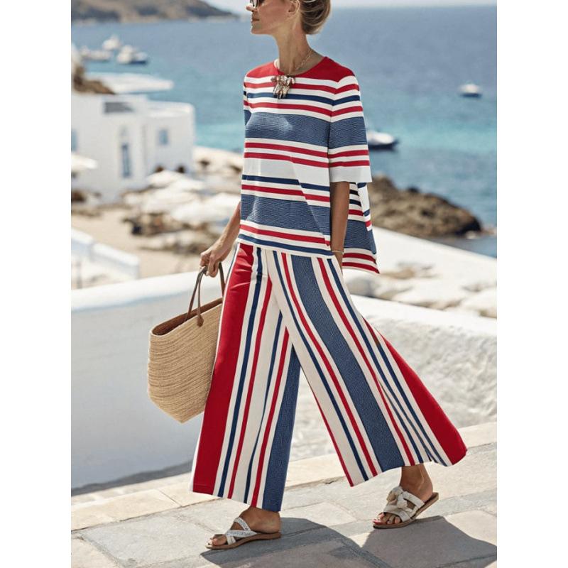 A new summer women's clothing, printed striped color matching medium-sleeved crew neck top, straight casual suit.