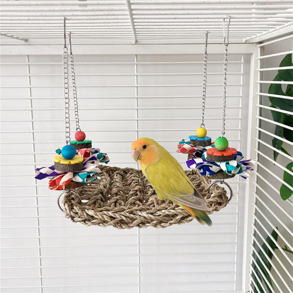 Multiuse Bird Perch Chewable Hammock Cage Hanging Toy with Natural Woven Straw Safe For Pet Parrots Entertainment Fun