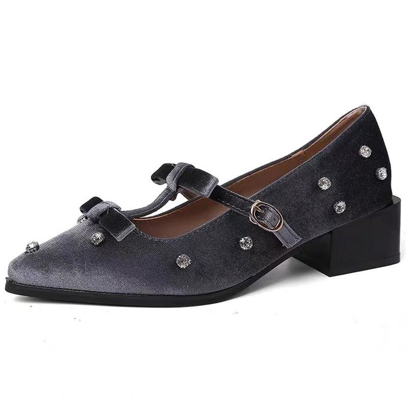 French Bow Mary Jane Shoes Women's 2025 New Beautiful Skirt Pointed Thick Heel Rhinestone Shoes