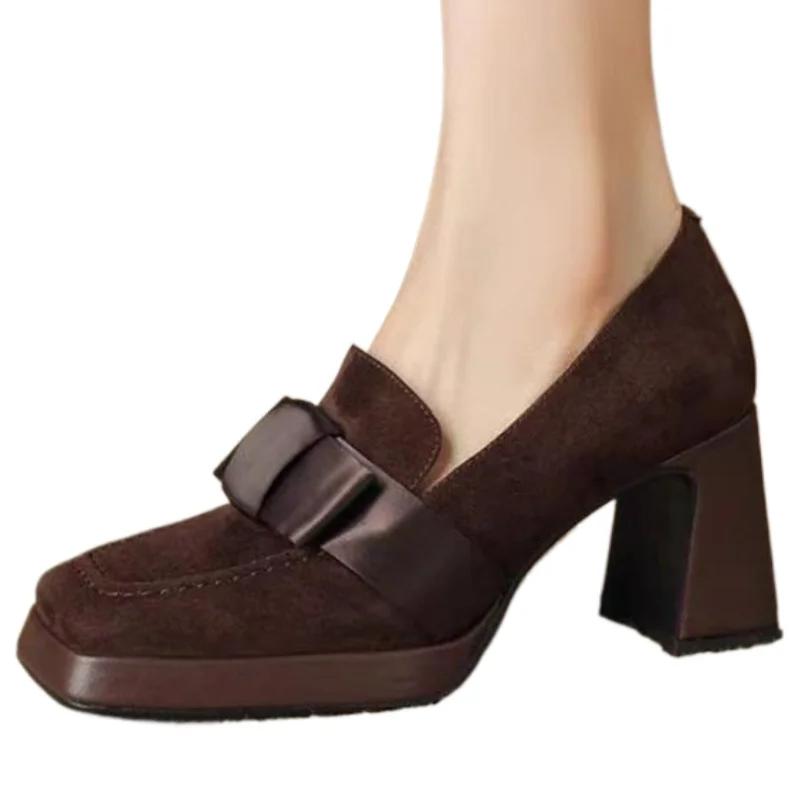 Женские туфли с бантом и квадратным носком на высоком каблуке, элегантные замшевые туфли на платформе, женский бренд 2025 года, модные туфли для офиса и вечеринки, Zapatos Mujer