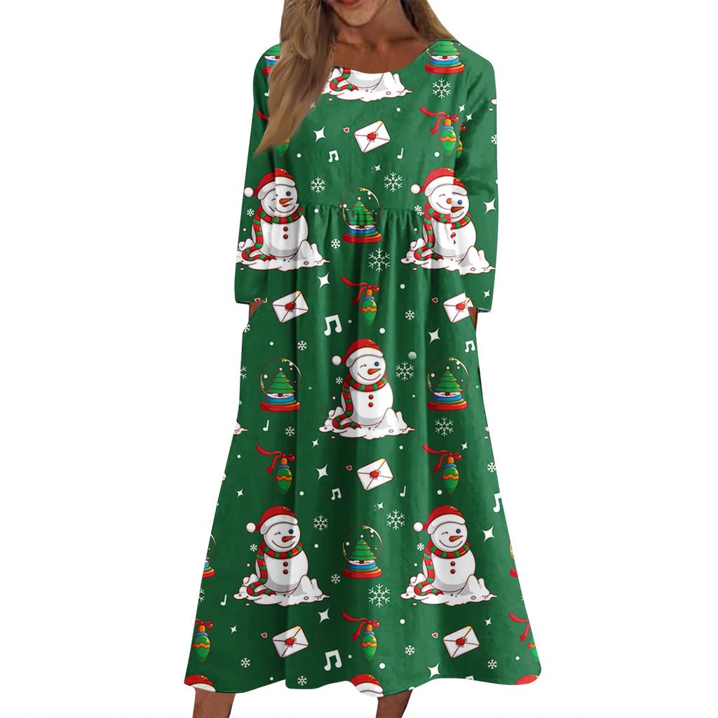 Women's Casual Round Neck Christmas Print Midi Dress Long Sleeve Pocket Dress