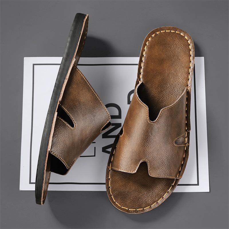 Men's Summer Outer Wear Leather Slippers Casual Soft Bottom Non-slip Breathable High-end Slippers Outdoor Cool Slippers