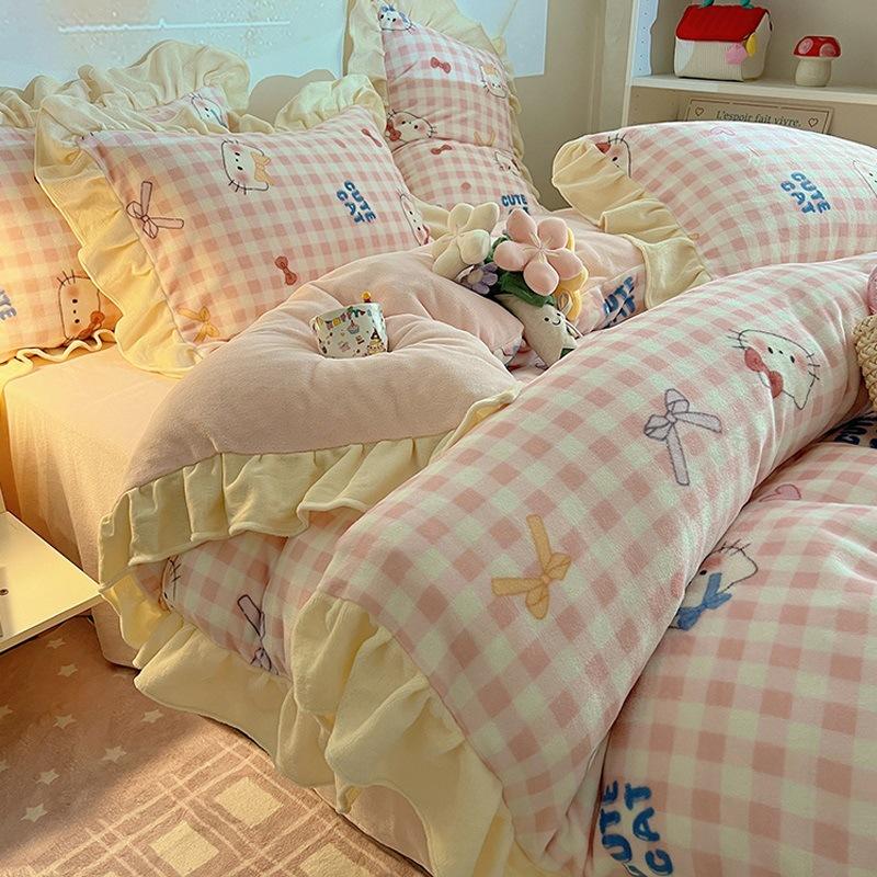 Thickened Milk Fleece Four-Piece Set, Fleece Quilt Cover, Bedding, Coral Flannel Bed Sheet Three-Piece Set
