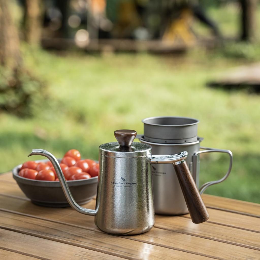 Boundless Voyage Titanium Coffee Drip Pot, Narrow Mouth, 300ml, Single-Serve, Wooden Handle, Drip Pot, Camping Coffee Pot, Coffee Kettle, Outdoor