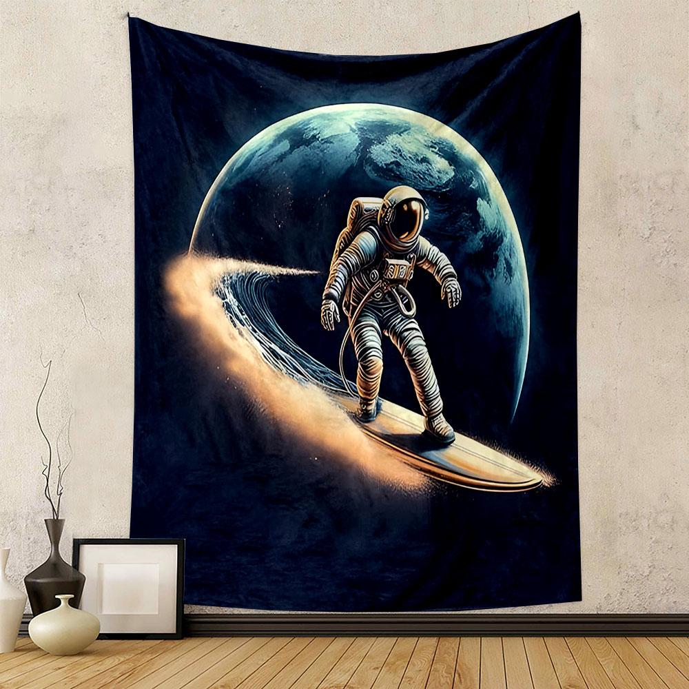 "Space Surfer Riding the Cosmic Wave" Patterned tapestry home decor, suitable for bedroom and living room, gift