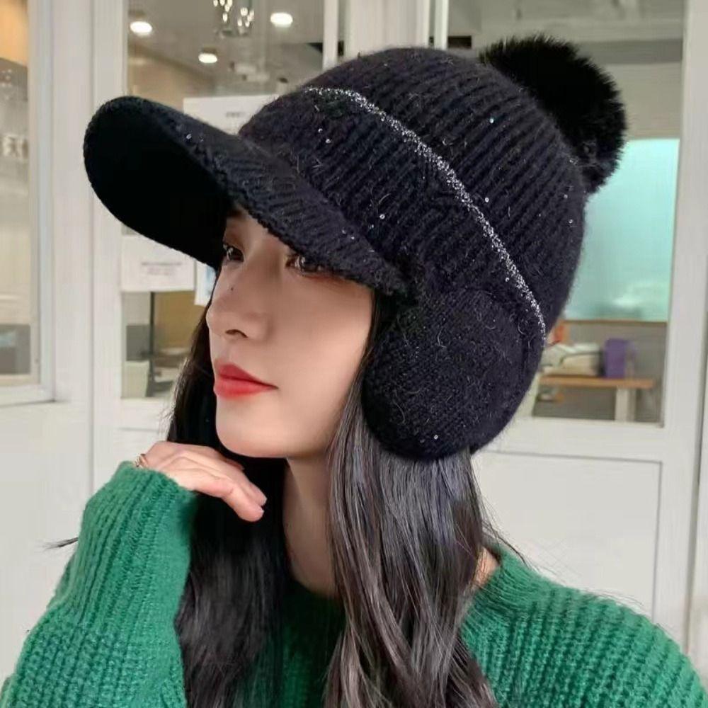 Solid Color Earflaps Hat Windproof Knitted Baseball Hat Fashion Plush Peaked Cap  Ladies