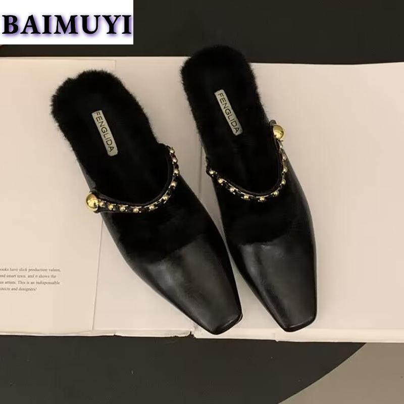 Меховые леопардовые женские мюли-тапочки с квадратным носком 2025 года, модные новые туфли на низком каблуке с открытой пяткой, зимняя обувь для активного отдыха Mujer Zapatos