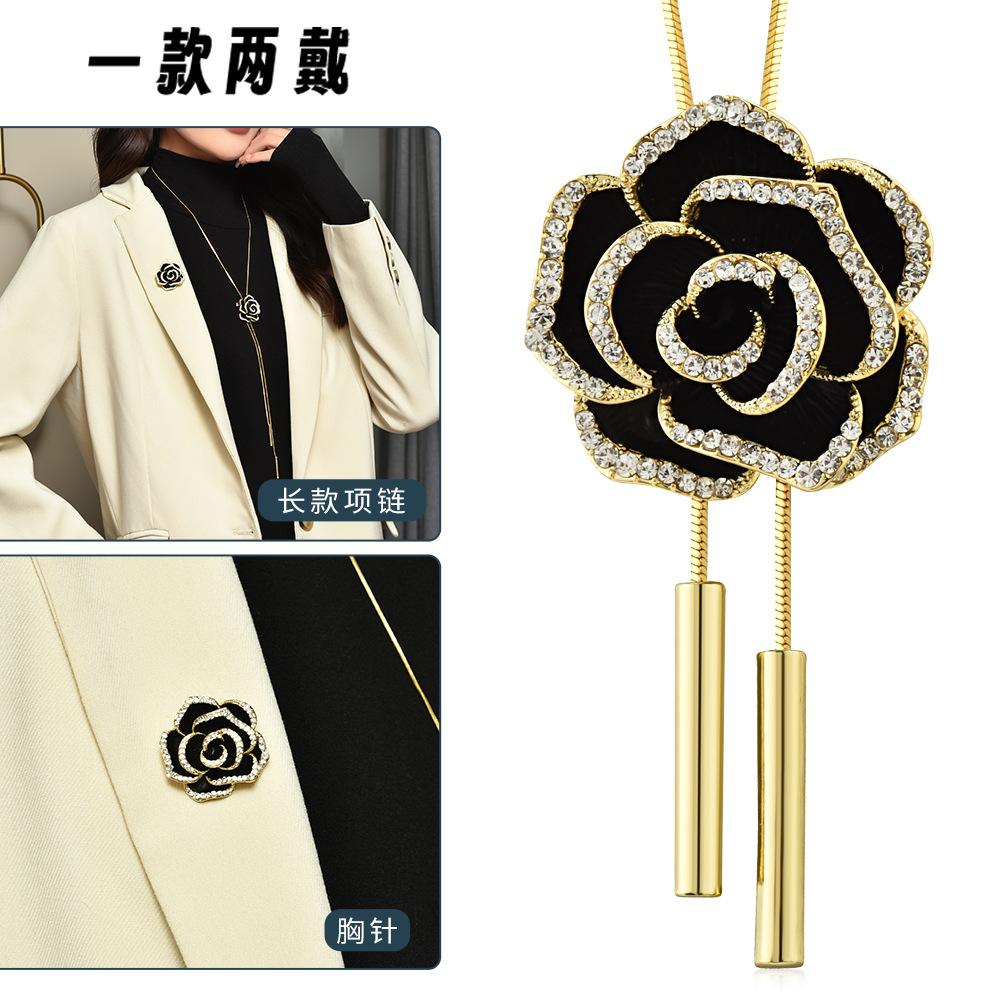 Suijue Pearl Sweater Chain Two Wear Crystal Flower Long Necklace Titanium Steel National Style Two Wear Function