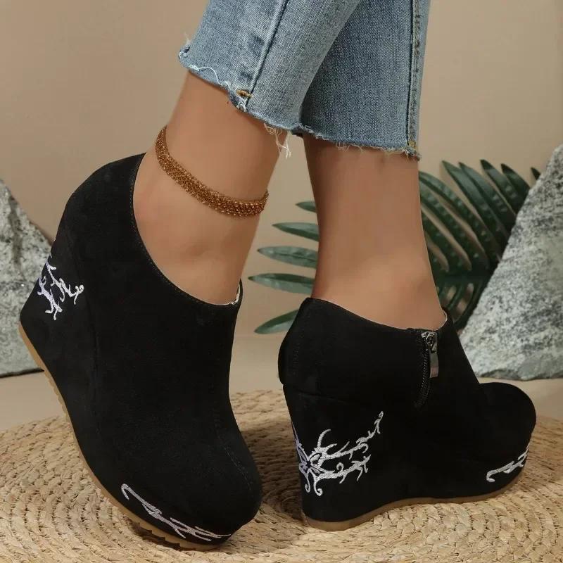 Модные весенние и осенние женские туфли на танкетке с высоким каблуком и леопардовым узором, боковая молния внутри, 2024 Новые повседневные ботинки с круглым носком