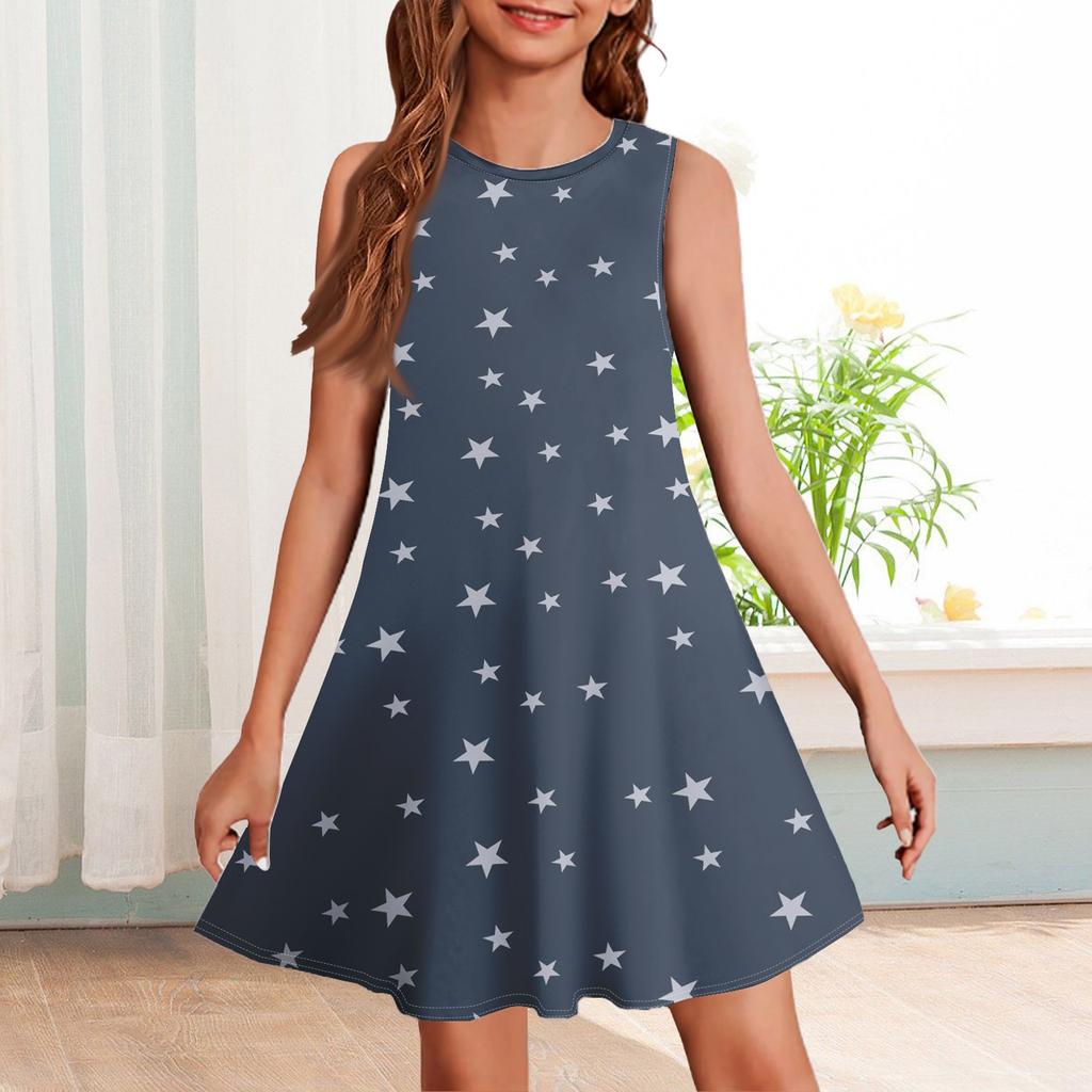 Girl Summer Dress Sleeveless Printed Color Casual Dress