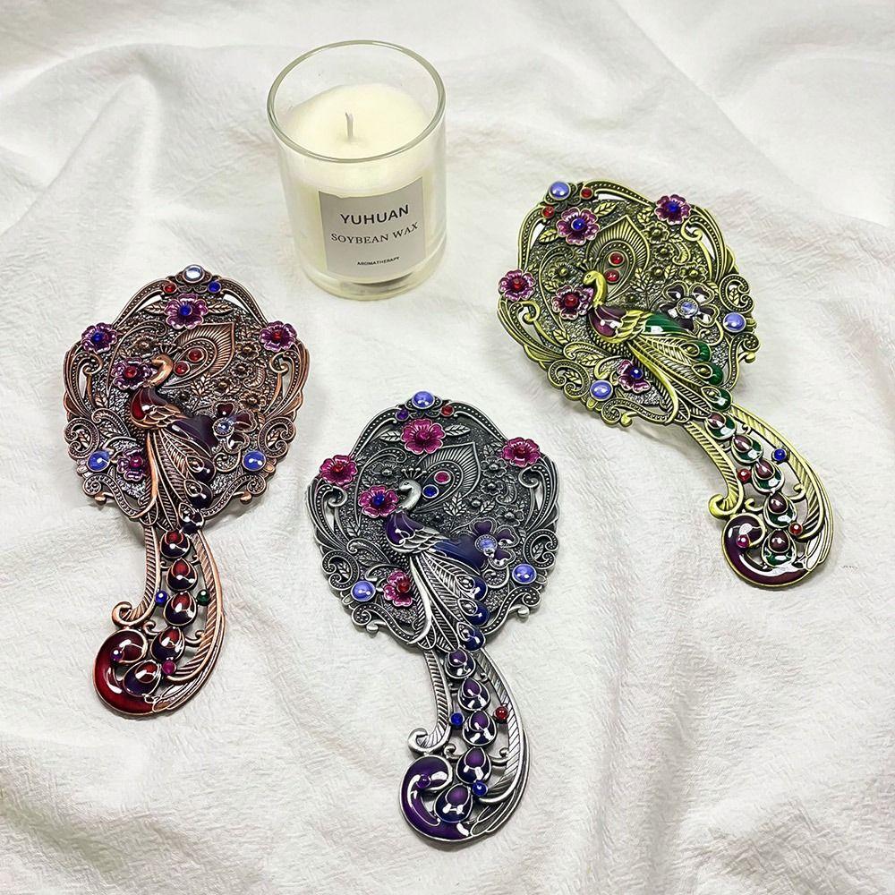 Peacock Open Screen Retro Small Mirror with Metal Handle Handheld Cosmetic Comb