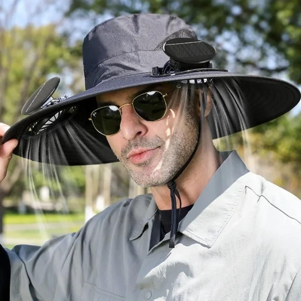 Breathable Solar Fan Hat 3 Speeds Wide Brim Sun Cap Convenient Cooling Fisherman Hat  Camping